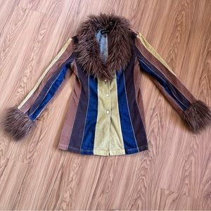 Current mood patchwork striped faux fur trim coat size M